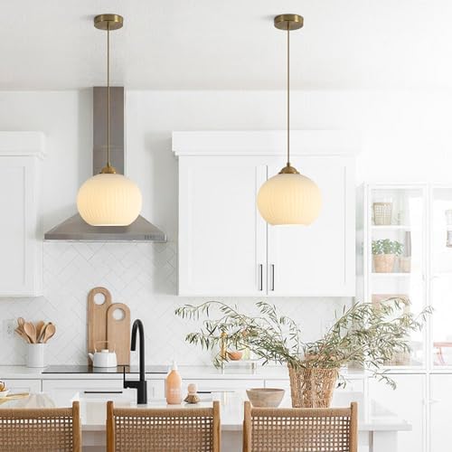 KCO Mid Century Modern Gold 7.9” Ribbed White Glass Pendant Light Set of 2 - Image 4