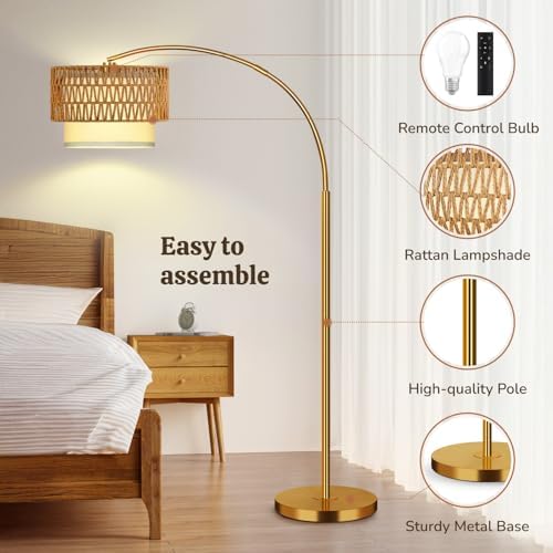 Gold Floor Lamps for Living Room, Arc Floor Lamp with Remote & Dimmable Bulb, Boho Standing lamp with 3 Color Temperatures, Adjustable Rattan & Fabric Shades Tall Lamp, Over Couch Reading Lamp - Image 4