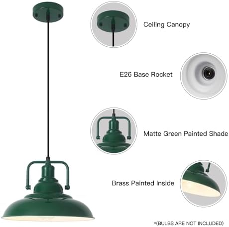 Farmhouse Pendant Light, 12.5inch, 3 Packs Green Kitchen Pendant Lights, Island Pendant Lights, Pendant Lights Kitchen Island, Pendant Light for Bedroom, Office, Kichen Sink, Library - Image 3