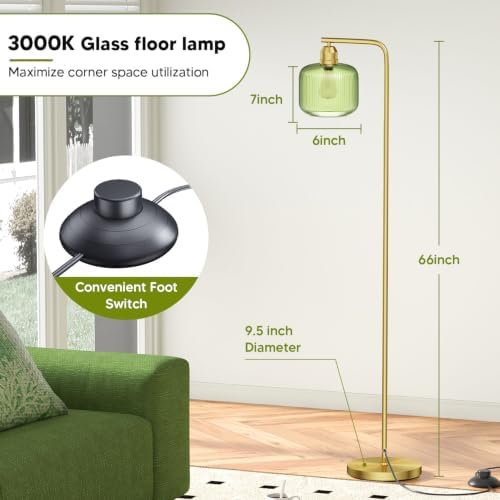 66" Gold Floor Lamp,Standing Lamp with Green Ribbed Glass for Living Room - Image 5