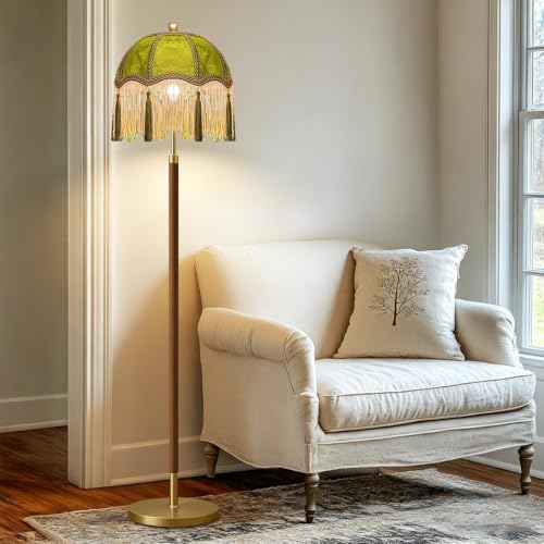 ILLMTW Vintage Floor Lamp for Living Room,Bedroom,Dimmable Standing Lamp with Remote,Green Mid Century Gold Tall Lamp Boho Retro Floor Light Wood Fringe Tassel Flower Unique Tiffany Victorian Decor - Image 3