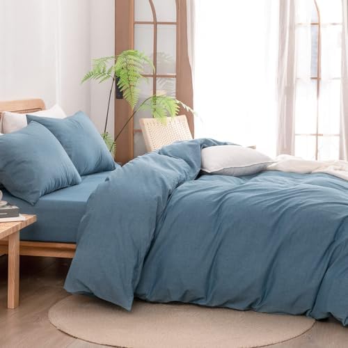 BESTOUCH Cotton Solid Duvet Cover Set Linen Feel Dark Blue Oversized Full - Image 3