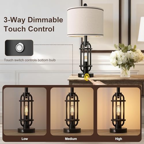 G-SAFAVA 24'' Table Lamps for Living Room Bedroom Set of 2 Industrial Touch Lamp with USB A+C Ports, Night Light Farmhouse Vintage Nightstand Bedside Lamps for Night Stands Metal Black, Bulbs Included - Image 5