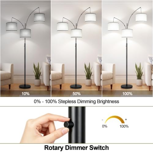 Dimmable Floor Lamp - 3 Lights Arc Floor Lamps for Living Room, 1000LM Modern Tall Standing Lamp With Gray Shades & Heavy Base, Mid Century Tree Floor Lamp for Bedroom Office, 3 LED Bulbs Included - Image 3