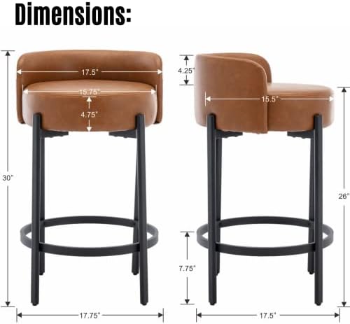 LukeAlon Modern PU Leather Counter Height Stools Set of 4, Upholstered 26" Seat Height Barstools with Black Metal Legs Round Low Back Kitchen Stools with Footrest for Dining Room Small Places, Brown - Image 2