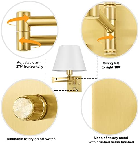 TRLIFE Dimmable Wall Sconce, Remote Control Dimming 10-100% and Adjustable Color Temperature 2700K-6500K Brushed Brass Swing Arm Wall Lights with Plug in Cord, 9.4" Medium White Shade(2 Pack, 2 Bulbs) - Image 4
