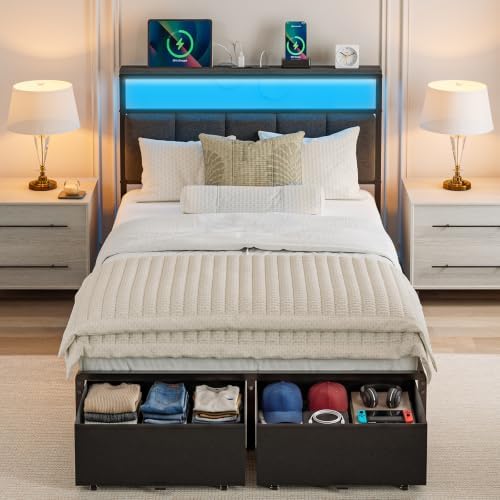 Twin Bed Frame with 2 Storage Drawers, Grey Upholstered by UHTNHome