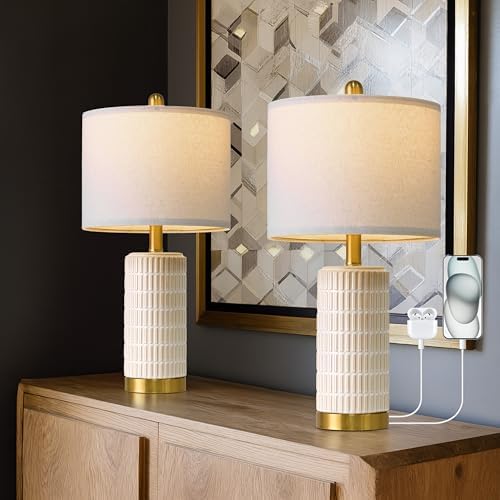 PoKat Small Bedside Table Lamps with USB Ports for Bedroom, 21.5'' White Nightstand Lamps for Night Stands, Modern Ceramic Bedroom Lamps for Living Room End Table, White and Beige by Pokat