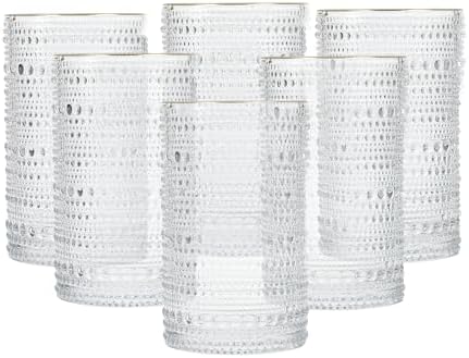 Fortessa Jupiter Beaded Hobnail Glass, 13 Ounce Iced Beverage (Set of 6), Gold Rim Clear by Unknown