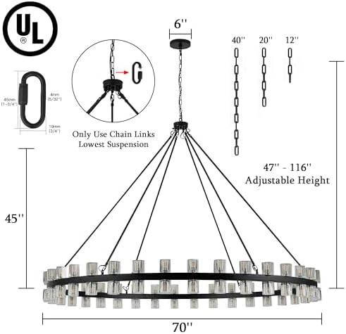 70 Inch Black Wagon Wheel Chandelier with Crystal Shade, 72 Lights, Modern Farmhouse Style, Ideal for Dining Room, Kitchen, Entryways - Image 5