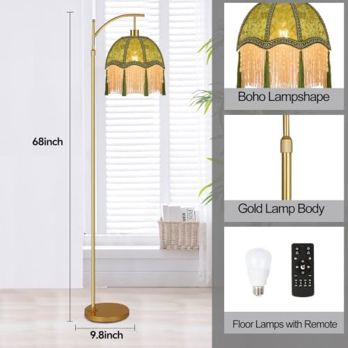 Vintage Floor Lamps for Living Room Boho Rustic Floor Lamp with Remote Control & 3 Color Temperature,Dimmable Gold Floor Lamp Mid Century Modern Standing Lamp Fringe Green Tall Floor Lamp For Bedroom - Image 5