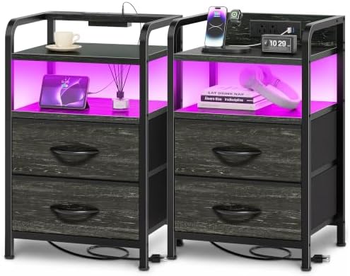 Huuger Nightstands Set of 2, Night Stand with LED Lights, Charging Station by Huuger