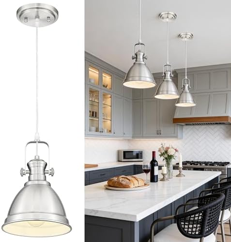 Pendant Lights Kitchen Island, 8" Farmhouse Hanging Lights Fixtures with Metal Shade, Rustic Kitchen Pendant Lighting Over Island for Dining Room, Brushed Nickel, AD-2151-1PM-SN by Audickic