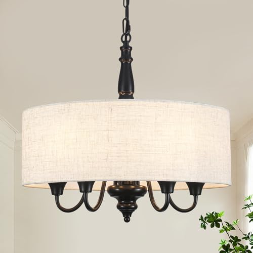 5-Light Drum Chandelier for Dining Room, 18'' Farmhouse Chandelier with Linen Shade, Round Fabric Drum Hanging Light Fixture for Entryway, Foyer, Living Room, Bedroom, Black by LJHhowe