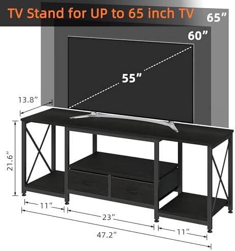 GYIIYUO TV Stand with Fabric Drawer for 50 55 Inches TV - Entertainment Center and Industrial TV Console Table with Open Storage Shelves for Living Room, Bedroom - 47" Black - Image 2