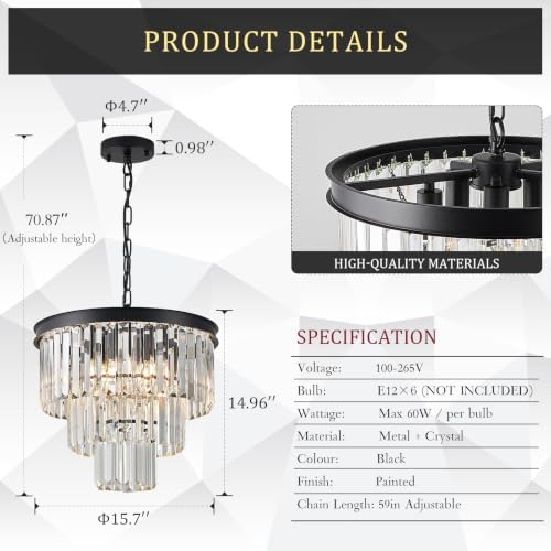 CATINER 16" Modern Crystal Chandeliers,6 Lights Black Round Light Fixture - Image 3