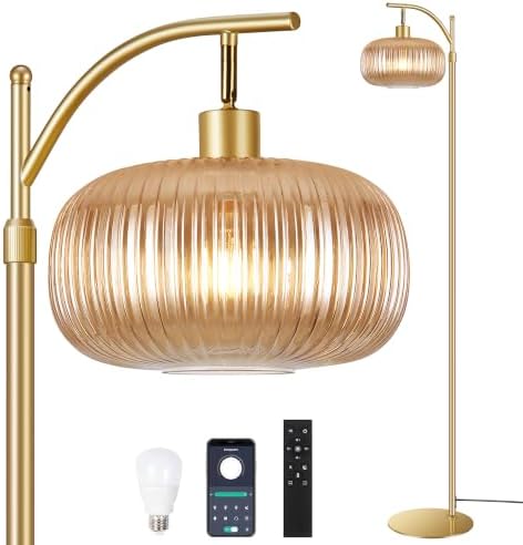 Glass Floor Lamp for Living Room, Bedroom, Gold Tall Lamp with Amber Shape by infusesyourabodewithwarmth
