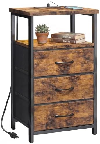 Fixwal Night Stand with Charging Station, 3 Fabric Drawers, Rustic Brown by Fixwal