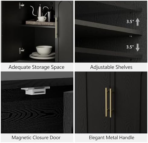 FORTUNETEC 67" Sideboard Buffet Cabinet with Storage, Arched Doors, Black - Image 4