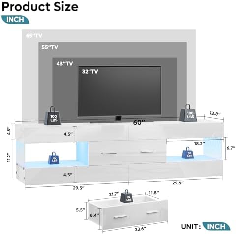 Bestier 60 Inch White Modern TV Stand, LED Entertainment Center Console - Image 2