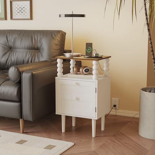 Veegle White Nightstand with Charge Station,Modern Bedside Table with Storage Drawer and Open Wood Shelf, for Bedroom and Small Spaces,Night Stand with Solid Wood Legs (White) - Image 4