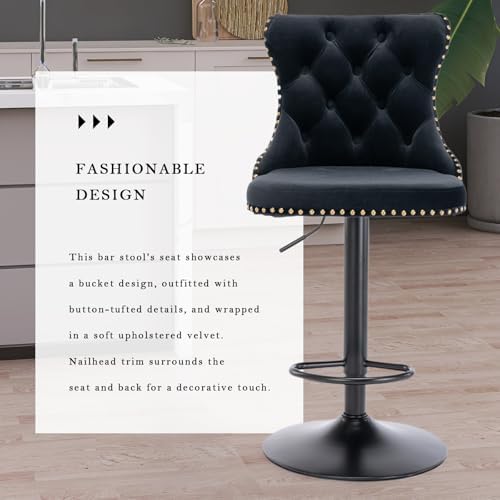 SoarFlash Velvet Bar Stool Set of 4, Adjustable Swivel Bar Stools with Black Metal Leg, Button Tufted, Footrest, Chrome Nailhead, Counter Height Chair for Kitchen, Bar, Dining Room (Black) - Image 5