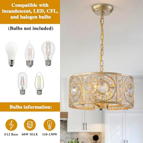 Vintage Crystal Round Chandelier 14.17" Gold Dining Room Chandelier Over Table 4-Lights Classic Drum Pendant Light Fixture for Living Room Kitchen Island Entryway. - Image 5