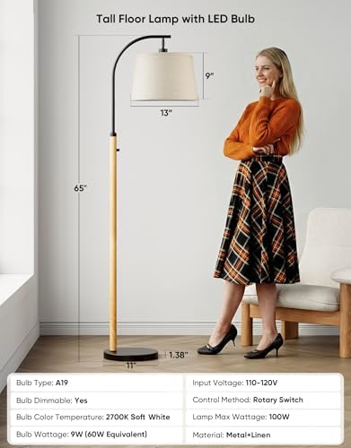 Dimmable Floor Lamp for Living Room, 65" Tall Metal Standing Lamp with LED Bulb, Mid Century Modern Arc Floor Lamp with Linen Shade for Bedroom, Reading Room, Office & Nursery, Black&Natural Color - Image 5