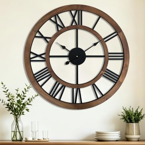 30 Inch Oversized Rustic Wall Clock Silent Non-Ticking Wooden Wall Clocks with Roman Numerals Farmhouse Decorative Clock for Living Room Bedroom Office (Brown) by BlueprintIvy