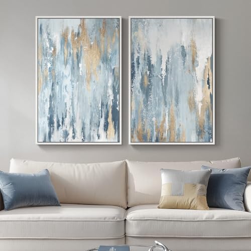 Large White Framed Blue and Gold Abstract Wall Art for Living Room, 24x36 by Cuspin