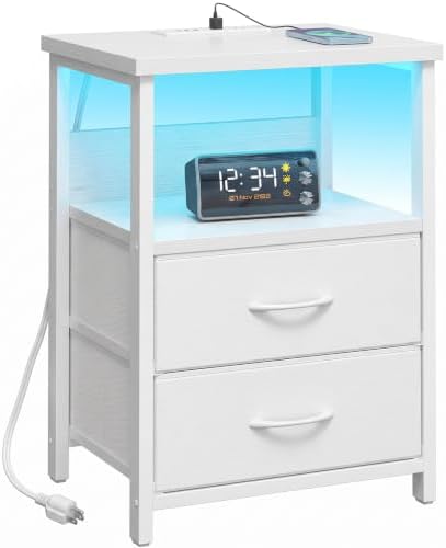 Fixwal Night Stand with Charging Station, White Led Nightstand, 2 Drawers by Fixwal