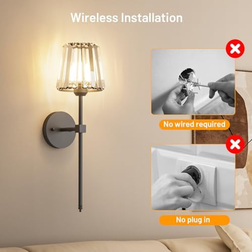 Crystal Battery Operated Wall Sconces Set of 2, Black Rechargeable Wireless Wall Sconce Lights with Crystal Lampshade, 12 RGB and 3CCT Dimmable Wall Lamps with Remote for Bedroom Living Room Hallway - Image 6