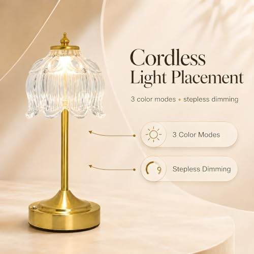 Lotus Flower Table Lamp, Cordless Rechargeable Amber Glass Bedside Lamp | 3600mAh Battery, Touch Control, 3 Color Modes & Stepless Dimming for Bedroom, Nightstand Clear White 2PC - Image 2