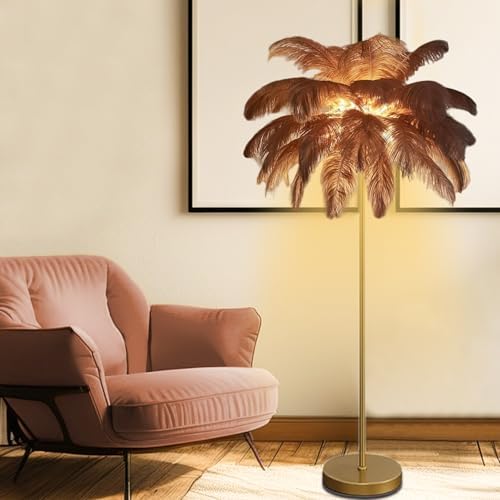 Feather Floor Lamp,Fluffy Ostrich Feather Floor Lamp for Bedroom,3 Color Temperatures Led Corner Modern Floor Lamps for Living Room Christmas Home Decor House Warming Gifts,63″ Height,50 Piece(Brown) by Unknown
