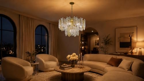 26" 7-Light Modern Art Ice Stick Crystal Chandelier, 2-Tier Round Gold Farmhouse Amber & Clear Glass Pendant Light Fixture, Perfect for Living Room, Dining Room, Entryways - Image 3