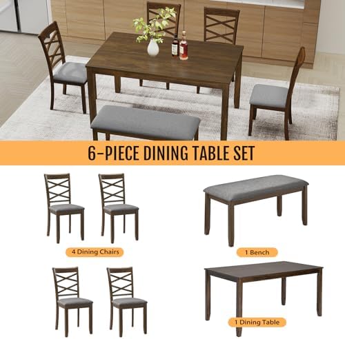 Zevemomo 6-Piece Solid Wood Dining Table Set, Wooden Legs Set, Walnut - Image 4
