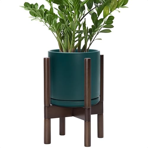 D'vine Dev Ceramic Pot with Walnut Wood Stand, Teal, 8 in, 55-B-Y-4 by DvineDevPlanterPotsandStand