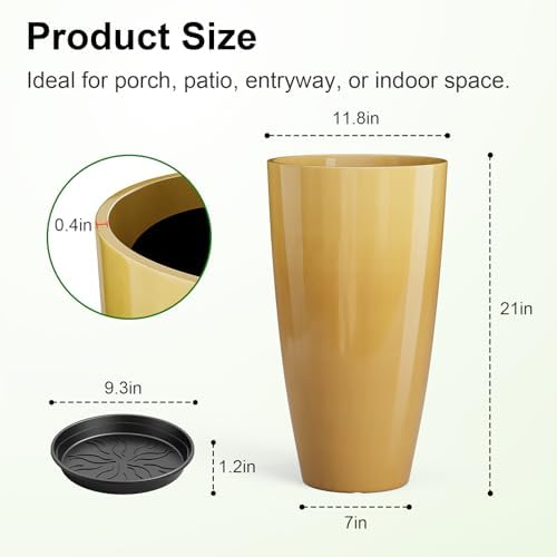 QCQHDU 21 inch Tall Planters for Outdoor & Indoor Plants, 2 Pack Sturdy Plant-Flower-Tree Pots for Front Porch Patio Deck Living Room Decor, Golden - Image 3