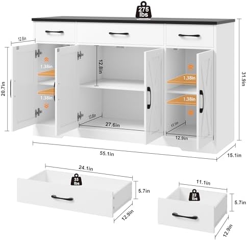 HOSTACK Kitchen Buffet Sideboard Storage Cabinet, Coffee Bar Cabinet, White - Image 3