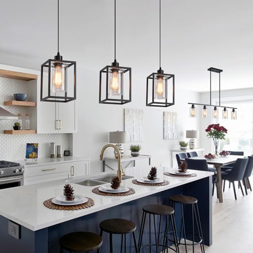 3 Pack Black Pendant Lights for Kitchen Island Industrial Lantern Pendant Light Fixtures with Clear Glass Shade, Farmhouse Adjustable Height Hanging Pendant Lighting for Dining Room - Image 2