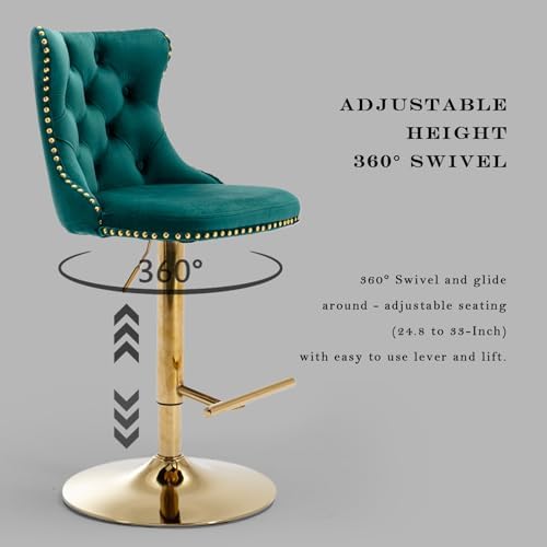 SoarFlash Velvet Bar Stool Set of 4, Adjustable Swivel Bar Stools with Gold Plated Metal Leg, Button Tufted, Footrest, Chrome Nailhead, Counter Height Chair for Kitchen, Bar, Dining Room (Green) - Image 5