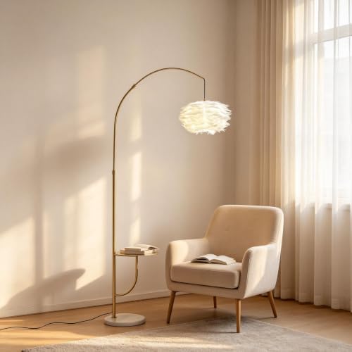 Arc Floor Lamp with Side Table, White Feather 3 Color Temperature Standing Light, Modern Minimalist Reading Lamp for Living Room Bedroom Sofa Bedside - Image 2