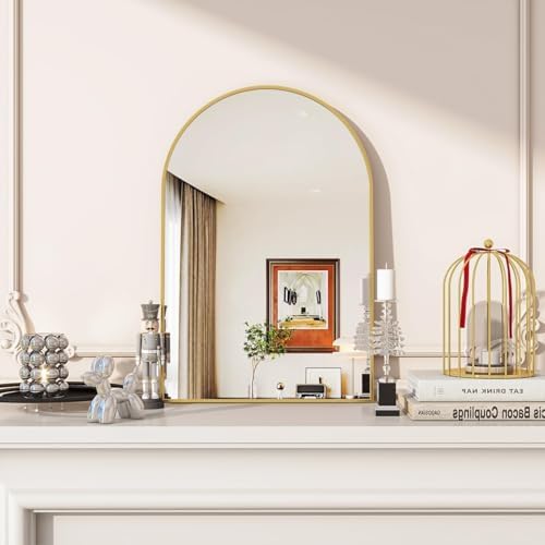 VooBang Arched Wall Mirror, 16 x 24 inch Arch Bathroom Mirror, Wall Mounted Vanity Mirror with Arch Metal Frame, Modern Bathroom Vanity Mirror for Bedroom, Living Room, Hanging or Leaning, Gold by VooBang