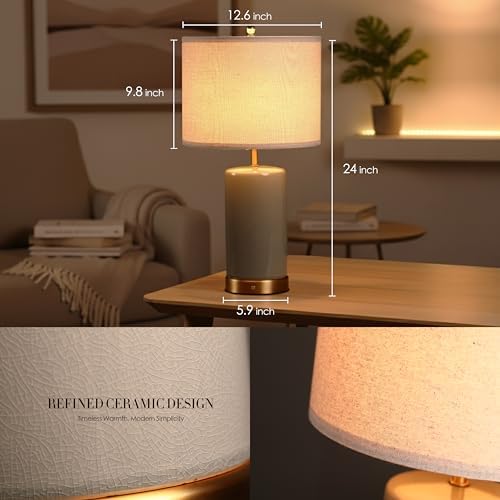 O’Bright Dune - Battery Powered Table Lamp, Rechargeable Cordless Ceramic Lamp, Full-Size 24 Inch Height, 4-Level Dimming, Smart Safety Protection, Type-C Fast Charging, LED Bulb Included, Stone Grey - Image 5