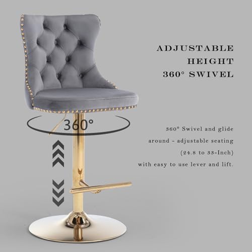 SoarFlash Velvet Bar Stool Set of 6, Adjustable Swivel Bar Stools with Gold Plated Metal Leg, Button Tufted, Footrest, Chrome Nailhead,Counter Height Chair for Kitchen, Bar, Dining Room (Grey) - Image 5