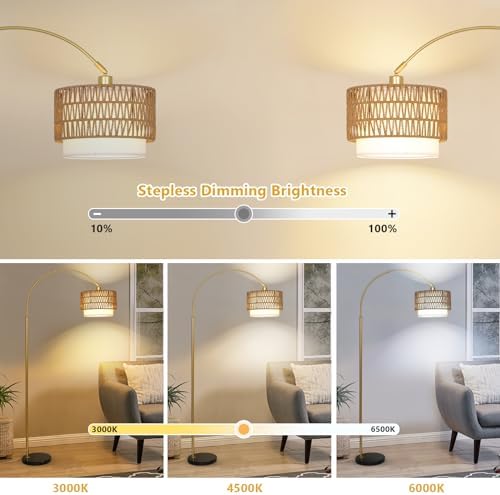 Arc Floor Lamp for bedroom with Rattan & Linen Shades, Gold Floor Lamp with Remote & Dimming Bulb, Rustic Standing Lamp with 3 Color Temperatures, Adjustable Height Farmhouse Tall Lamp for Living Room - Image 2