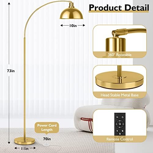 Arc Floor Lamps for Living Room, Modern Tall Standing Lamp Remote Control,Stepless Dimmable Gold Floor Lamp with Hanging Dome Shade, Over Couch Arched Reading Lamp for Bedroom, Office (Bulb Included) - Image 2