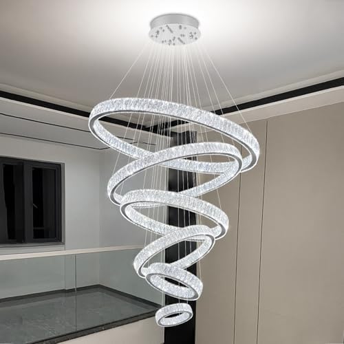 Extra Large 6 Ring Crystal Chandelier Modern LED Long Crystal Chandelier for High Ceiling Height Adjustable D8+15.7"+23.6"+31.5"+39.4"+47.5" Dimmable 2700K-6000K - Image 3
