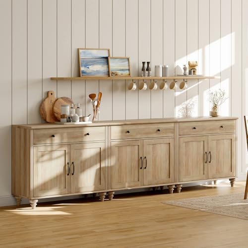 WAMAPT Oak Buffet Cabinet with 6 Doors and 3 Drawers, Large Coffee Bar Table Wood Kitchen Storage Cabinets, Modern Farmhouse Sideboard Credenza for Dining Room, 101 inch by WAMPAT