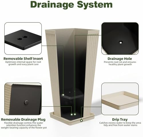 Square Tall Planters for Outdoor Plants with Tray - 24" Beige 2Pack - Image 3